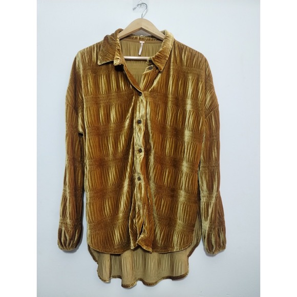 Free People Tops - Free People My Best Crinkle Velvet Button Shirt Women's S Oversized Boho